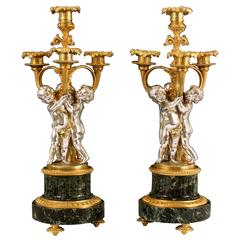 Antique Rare Pair Louis XV Style Silvered Bronze Gilt Bronze and Marble Candelabra