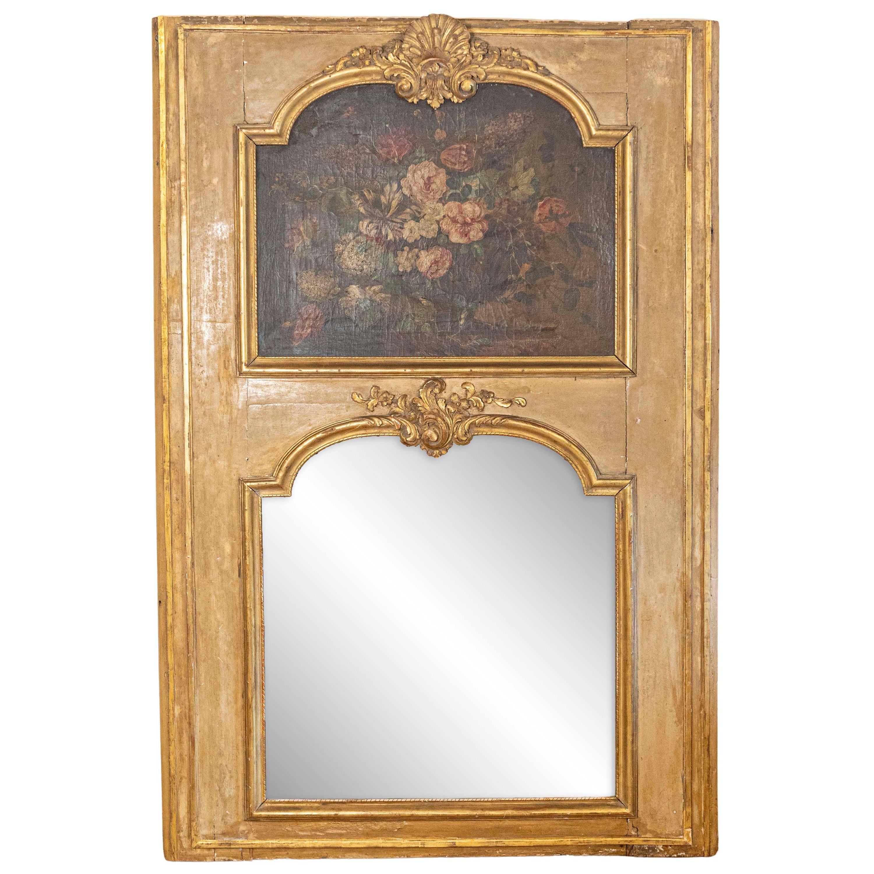 Espejo Trumeau francés pintado en 1790 con pintura floral original al óleo sobre lienzo