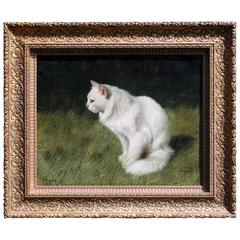 Early 20th Century Painting of a White Cat Seated in the Grass by Arthur Heyer
