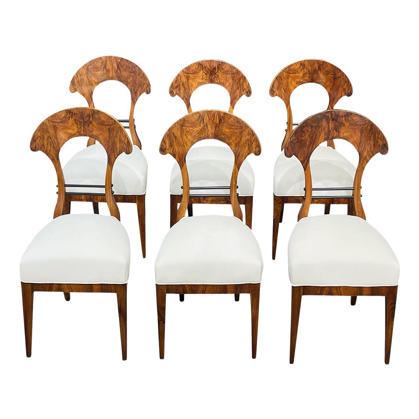 19th Century German Set of Six Biedermeier Antique Veneered Walnut Dining Chairs