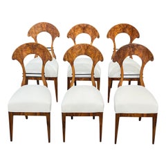 19th Century German Set of Six Biedermeier Antique Veneered Walnut Dining Chairs
