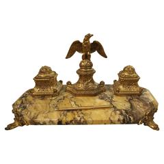 Antique 19th Century Empire Bronze and Marble Inkwell from France
