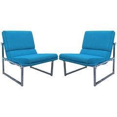 Pair of Modern Chrome Base Knoll Slipper Lounge Chairs with Vintage Blue Fabric