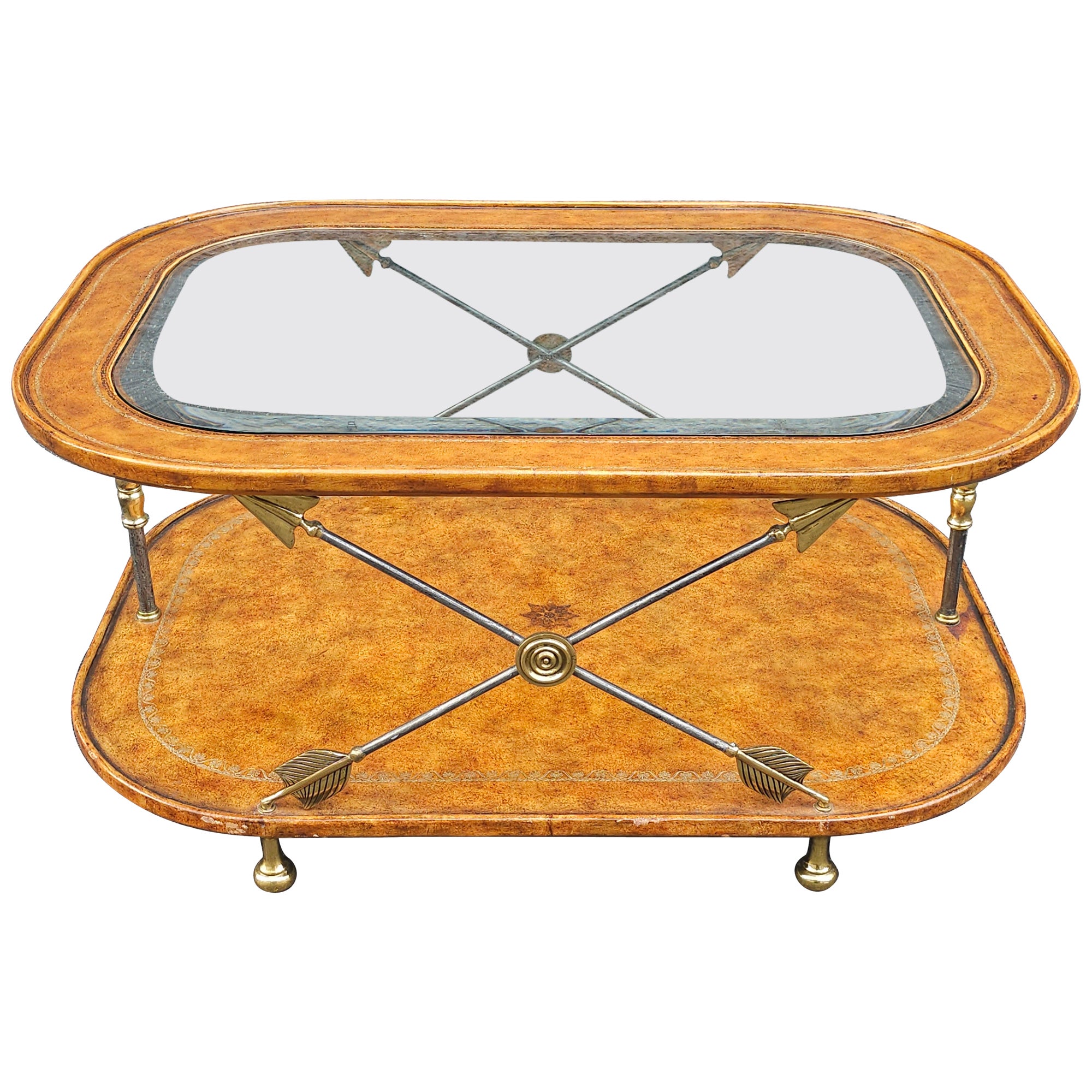 Table basse à étages en acier, cuir et verre du 20e siècle de Maitland Smith