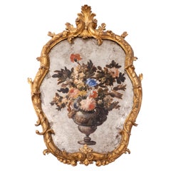 Miroir vénitien du XVIIIe siècle dans un cadre en bois doré avec nature morte peinte à la main