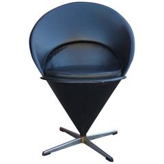 Modern Verner Panton K1 Swivel Cone Chair Black Leather with Chrome Plated Base