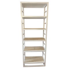 Good Looking White Painted Wood Bookshelf with Grass Cloth Lined Shelves