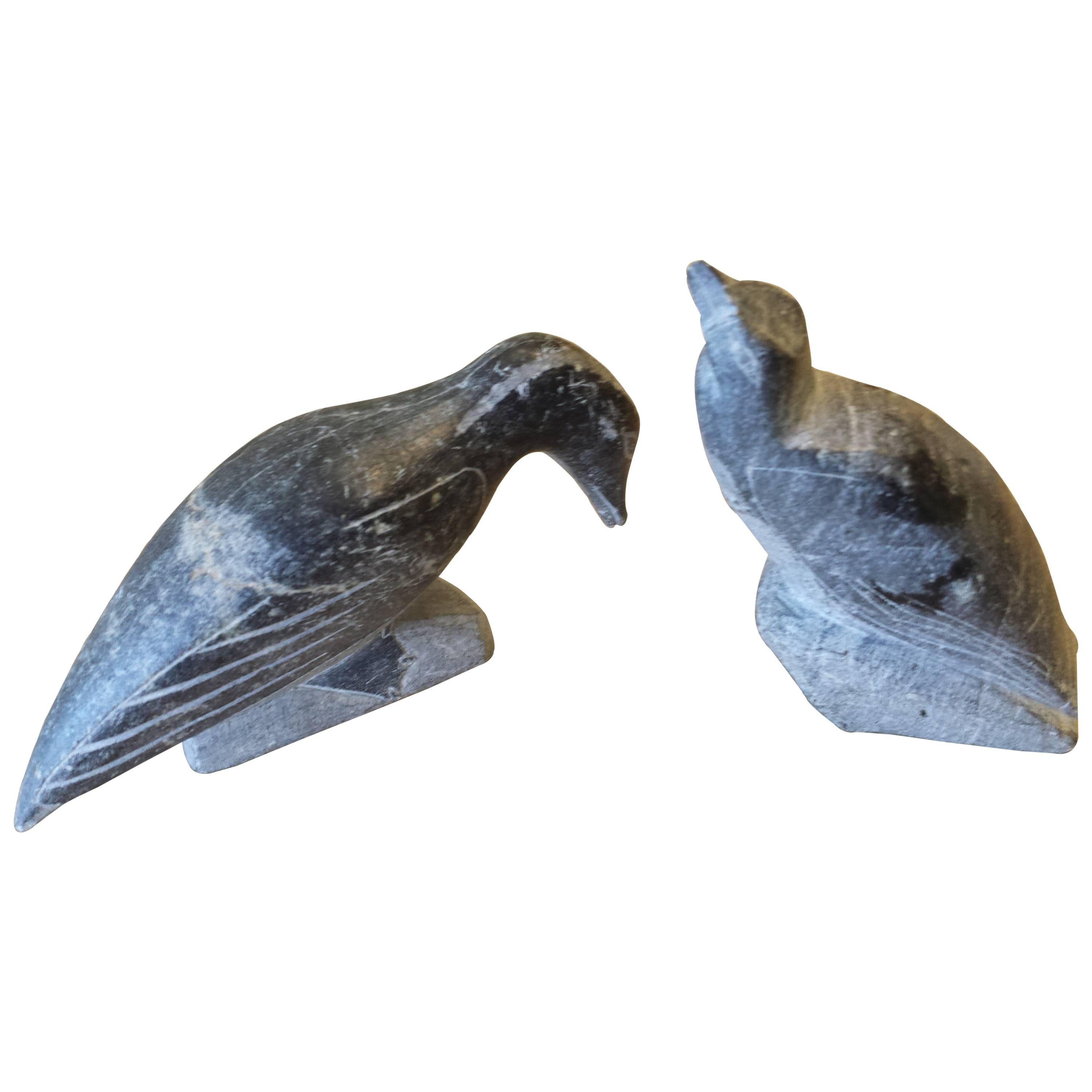 Pr. of Soapstone Sculptures Inuit Birds Signed Syllabics E Number for Carver ID. For Sale