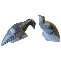 Retro Pr. of Soapstone Sculptures Inuit Birds Signed Syllabics E Number for Carver ID.