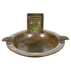 Heintz Arts & Crafts Sterling Silver on Bronze Ashtray With Matchstick Holder