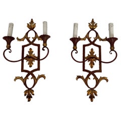 Pair of Patinated Wrought Iron & Wood Wall Sconces with Gilded Acanthus Leaves