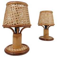 Pair of Vintage Table Nightstand Lamps in Bamboo, Rattan & Woven Wicker Cane