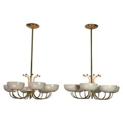 Mid-Century Modern Pair of Brass and White Painted Chandeliers by Lightolier 1