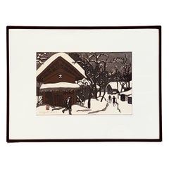 Kiyoshi Saito "Inverno ad Aizu con sciatori" Stampa su legno firmata e sigillata