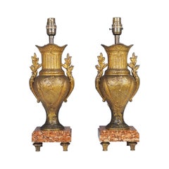 Antique Pair of French Gilt Spelter Marble Table Lamps