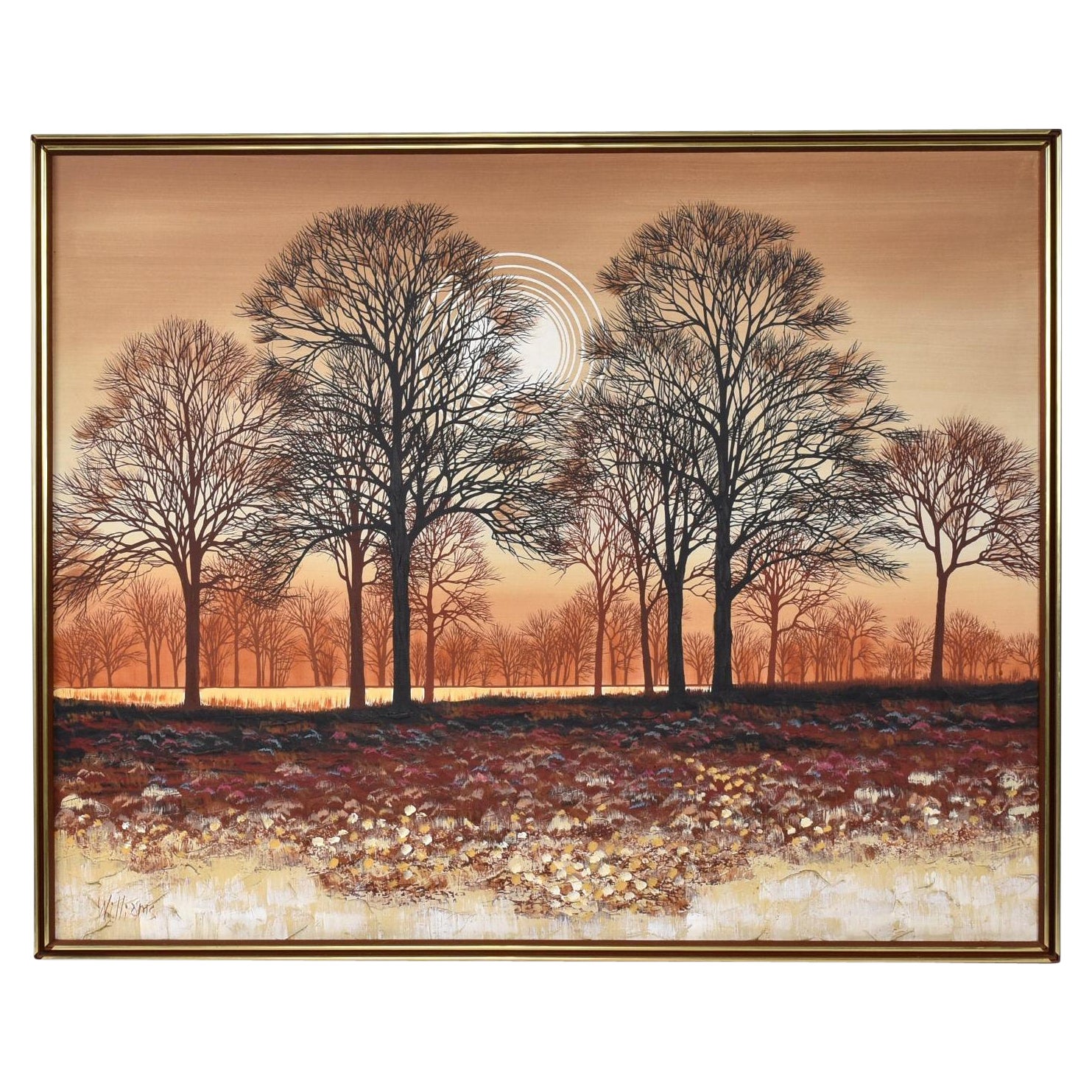 Large Mid-Century Modern Orange Brown Tree Landscape Painting Signed Williams