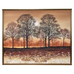 Large Mid-Century Modern Orange Brown Tree Landscape Painting Signed Williams