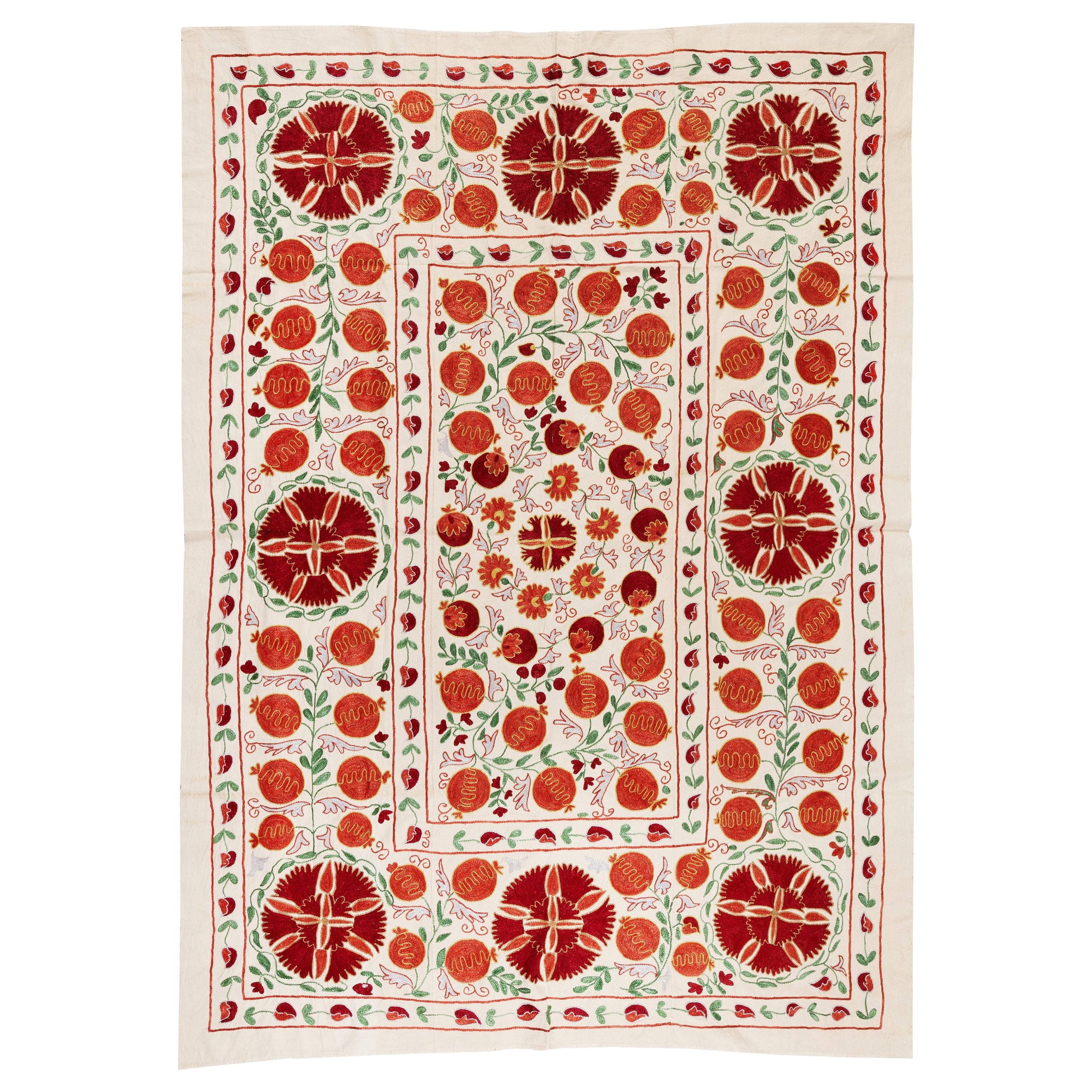 4.6x6.3 Ft Silk Embroidery Wall Hanging, Modern Table Cover, Suzani Bedspread