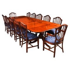 Vintage Arthur Brett Two Pillar Dining Table & 12 Hepplewhite Chairs 20th C