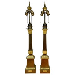 Pair French Empire Ormolu & Patinated Bronze Fluted Column Lamps, Signed, 1830s