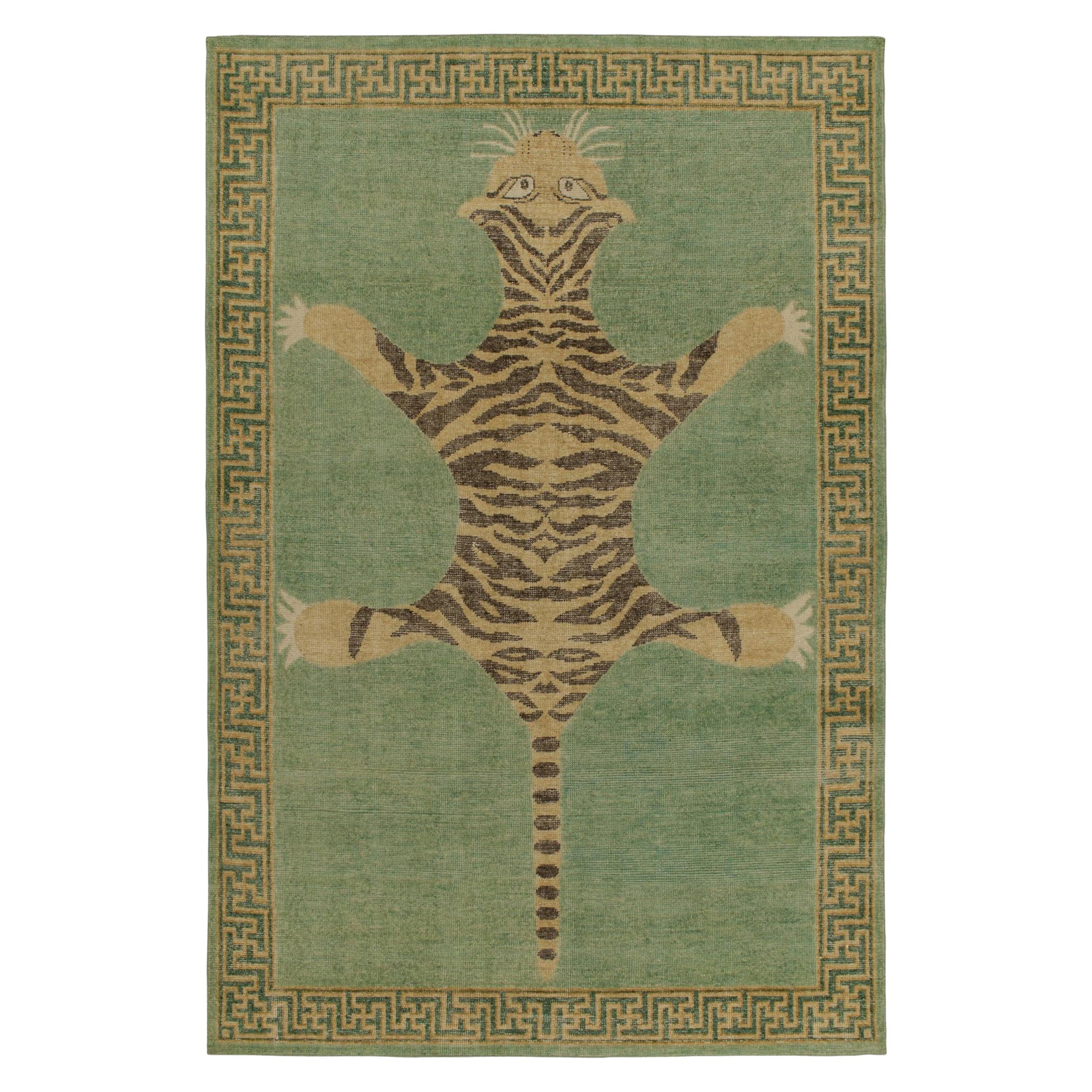 Rug & Kilim’s Distressed Tiger Skin Style Rug in Green, Beige & Black Pictorial