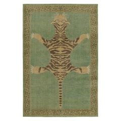 Rug & Kilim’s Distressed Tiger Skin Style Rug in Green, Beige & Black Pictorial