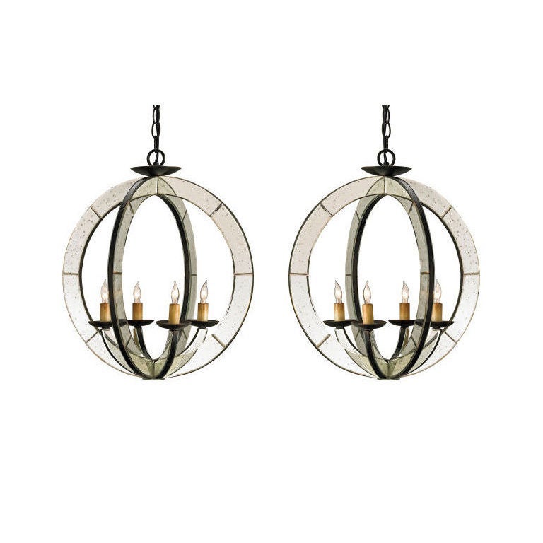 Two French Mid-Century Modern Style Astrolabe Mirrored Pendants / Chandeliers For Sale
