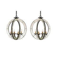 Vintage Two French Mid-Century Modern Style Astrolabe Mirrored Pendants / Chandeliers