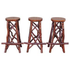 Set of Three Amazing Chip Carved Hickory Barstools