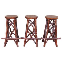 Set of Three Amazing Chip Carved Hickory Barstools