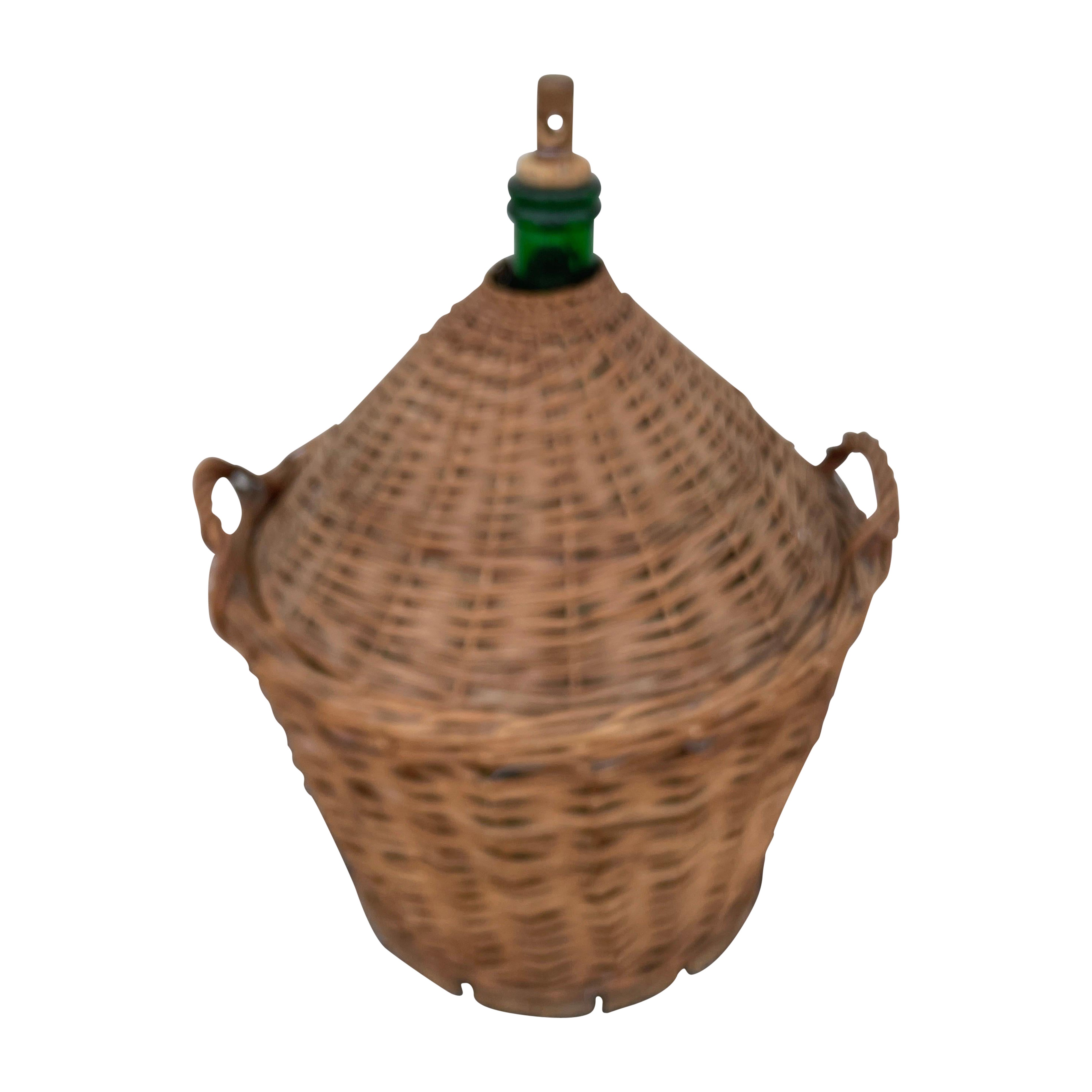 Antike Demijohn / Carboy Grüne Flasche in Original Korbweidebehälter mit Deckel, Demijohn