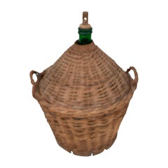 Antique Demijohn / Carboy Green Bottle in Original Wicker Container with Lid