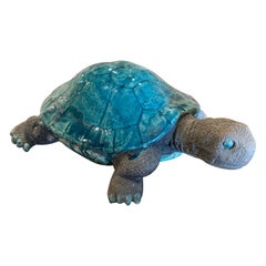 Vintage French Carved Ceramic Two-Tone Crackled Turtle Sculpture Raku Method