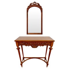 French Country Style Walnut Craved Small Console & Mirror with Antiqued Glass