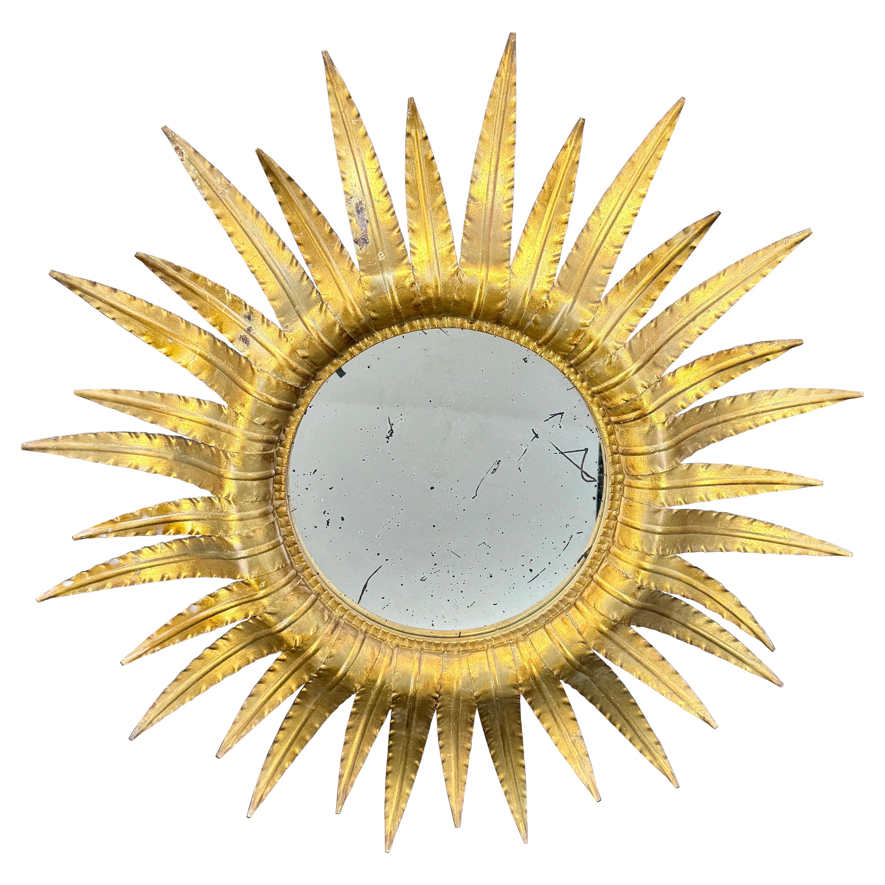 Espejo de pared dorado de mediados de siglo Sunburst Starburst de metal