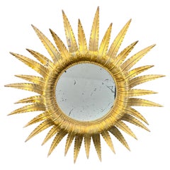 Mid-Century Gold Metal Sunburst Starburst Wall Mirror