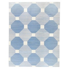 Alfombra Kilim Turca Moderna Diseño Geométrico Azul aFlatweave 9'4" x 12'3"