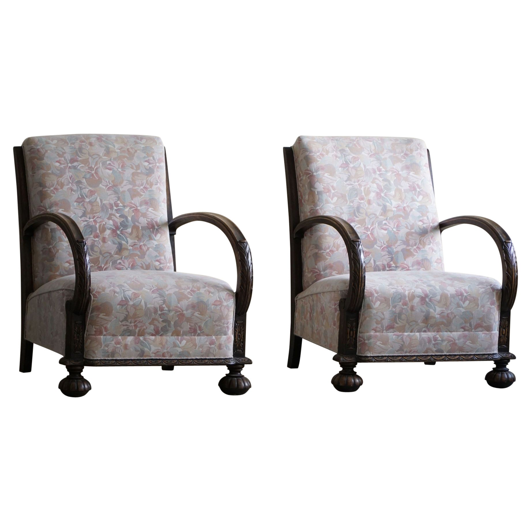 Pair of Danish Art Deco Lounge Chairs, Oak & Vibrant Flora Fabric, 1940s For Sale