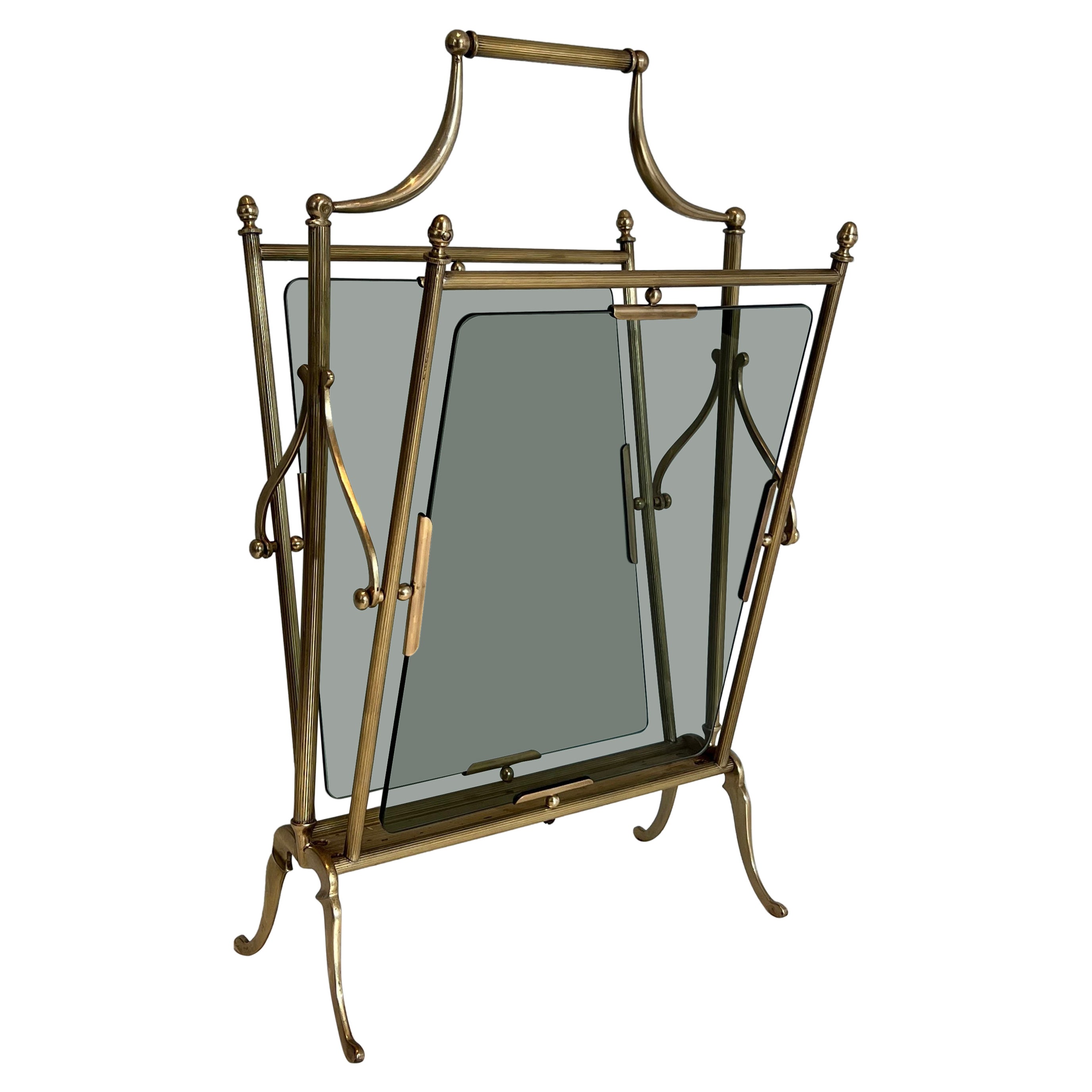Neoclassical style brass and blueish glass magazine rack, Maison Jansen
