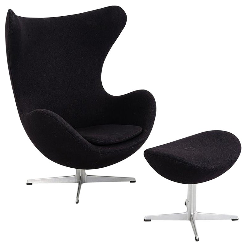 1967 Arne Jacobsen for Fritz Hansen Egg Chair and Ottoman Black Made in Denmark