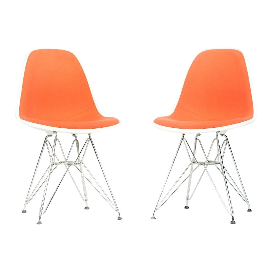 2010s Pair of Herman Miller Eames Dining Side Shell Chairs w/ Orange Upholstery