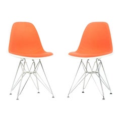 2010s Pair of Herman Miller Eames Dining Side Shell Chairs w/ Orange Upholstery