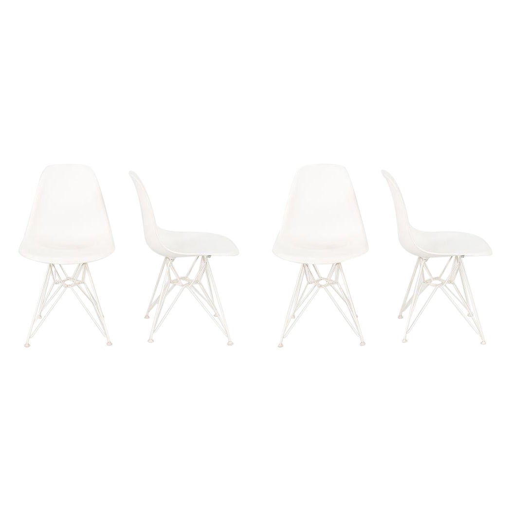 2014 Set of Four Herman Miller Eames Plastic Shell Chairs White w/ Eiffel Base