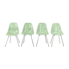 2010s Set of Four Eames Modernica Fiberglass Side Chairs H Base in Light Green