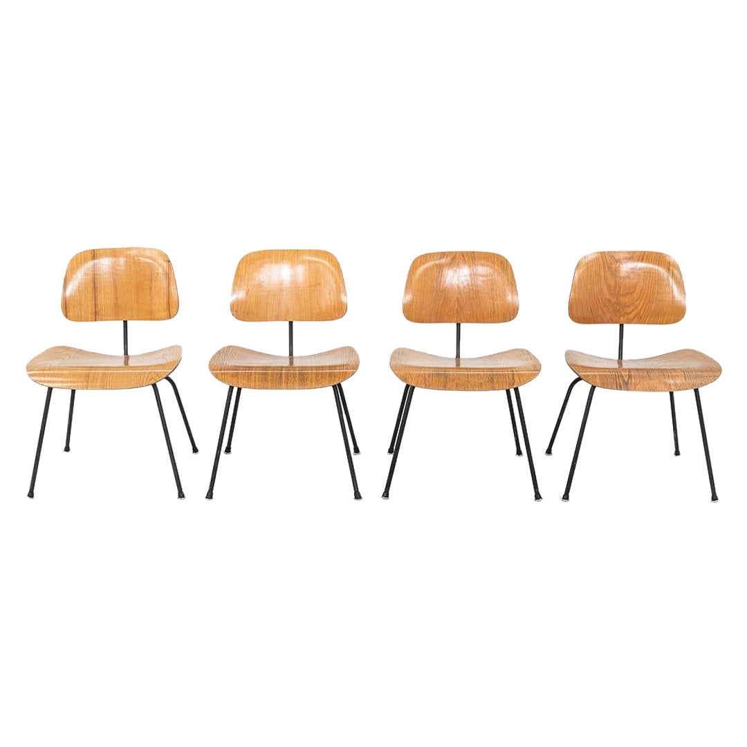 C. 1954 Satz von vier Herman Miller Eames DCM-Esszimmerstühlen aus Eschenholz und Stahl in Calico-Esche und Stahl