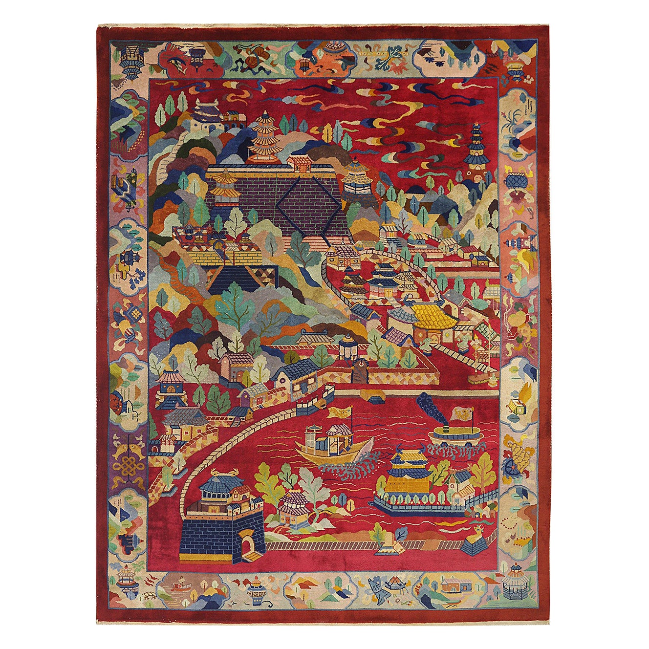 1920s Scenic Chinese Art Deco Carpet by Nichols Workshop