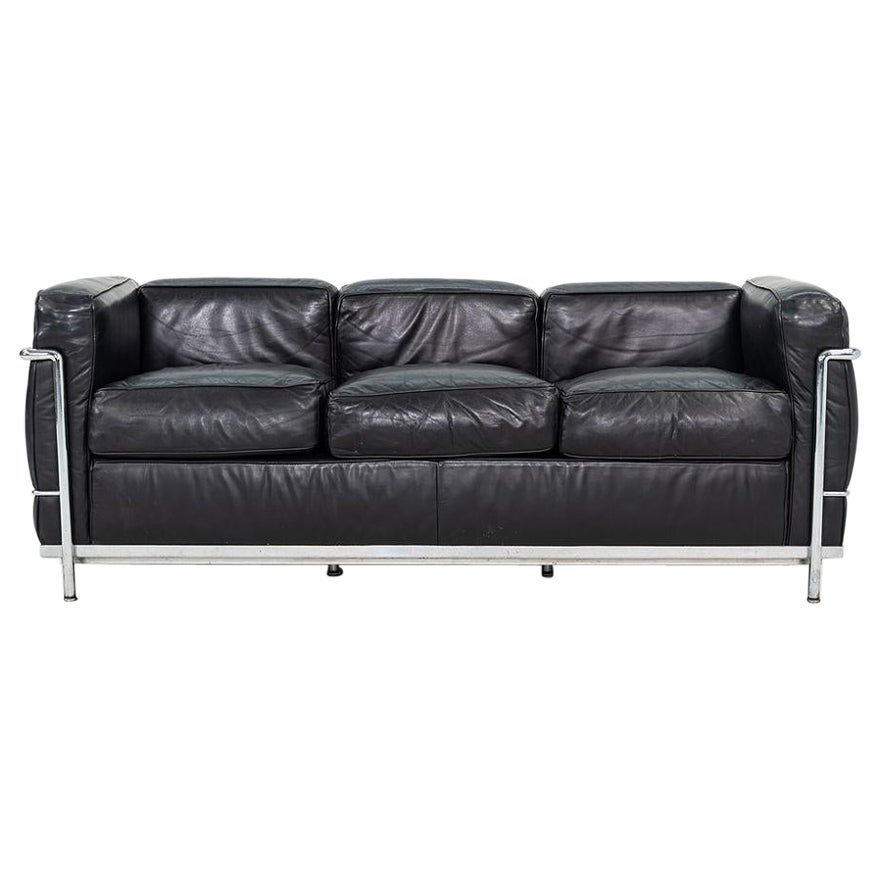 1980s Cassina LC2 Three Seat Sofa in Black by Le Corbusier, Jeanneret, Perriand