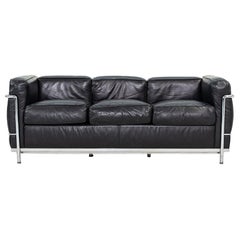 1980s Cassina LC2 Three Seat Sofa in Black by Le Corbusier, Jeanneret, Perriand
