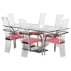 Set of six Lucite, glass and steel Maison Jansen chairs and dining table.