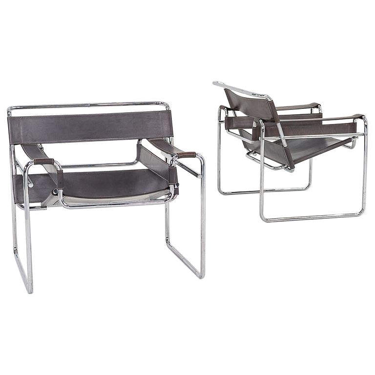 1970s Pair of Wassily Chairs by Marcel Breuer for Knoll in Grey Leather Model B3